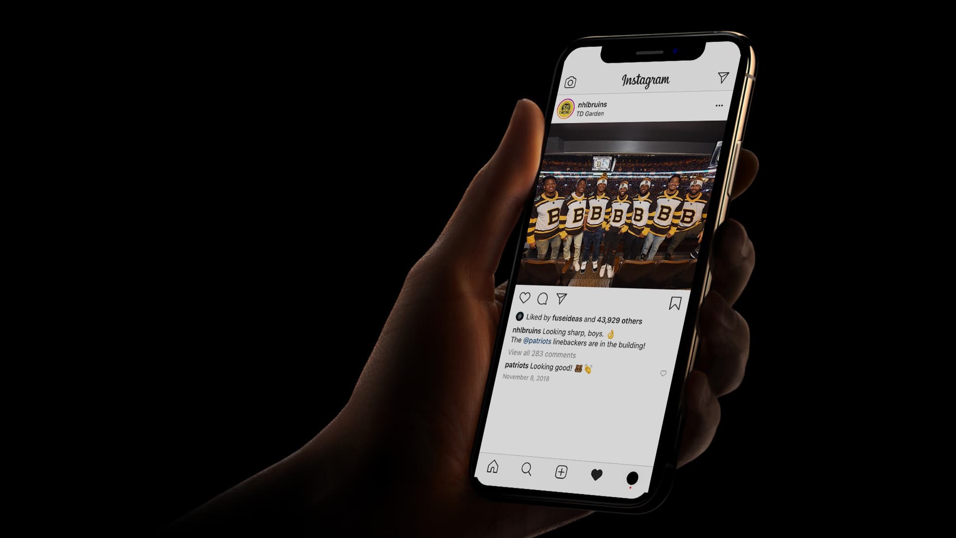 Boston Bruins social media on a phone