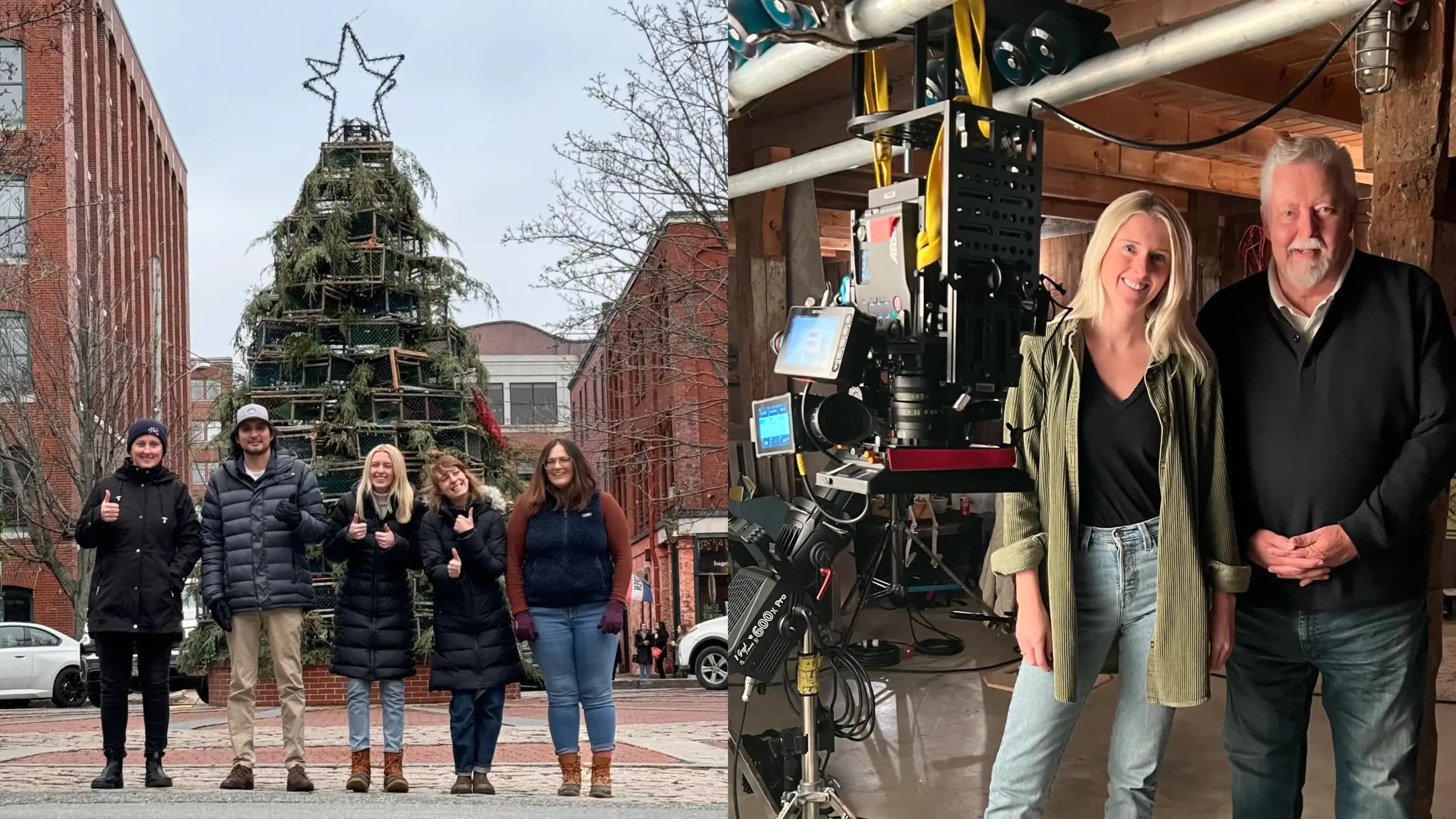 Buffalo team near Christmas tree and at a shoot