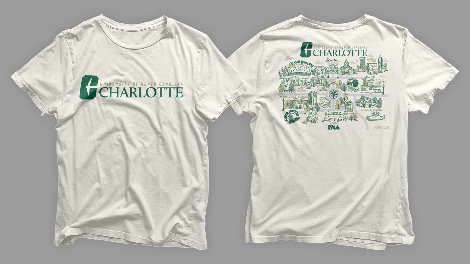 A branded UNC Charlotte t-shirt design featuring the mural artwork
