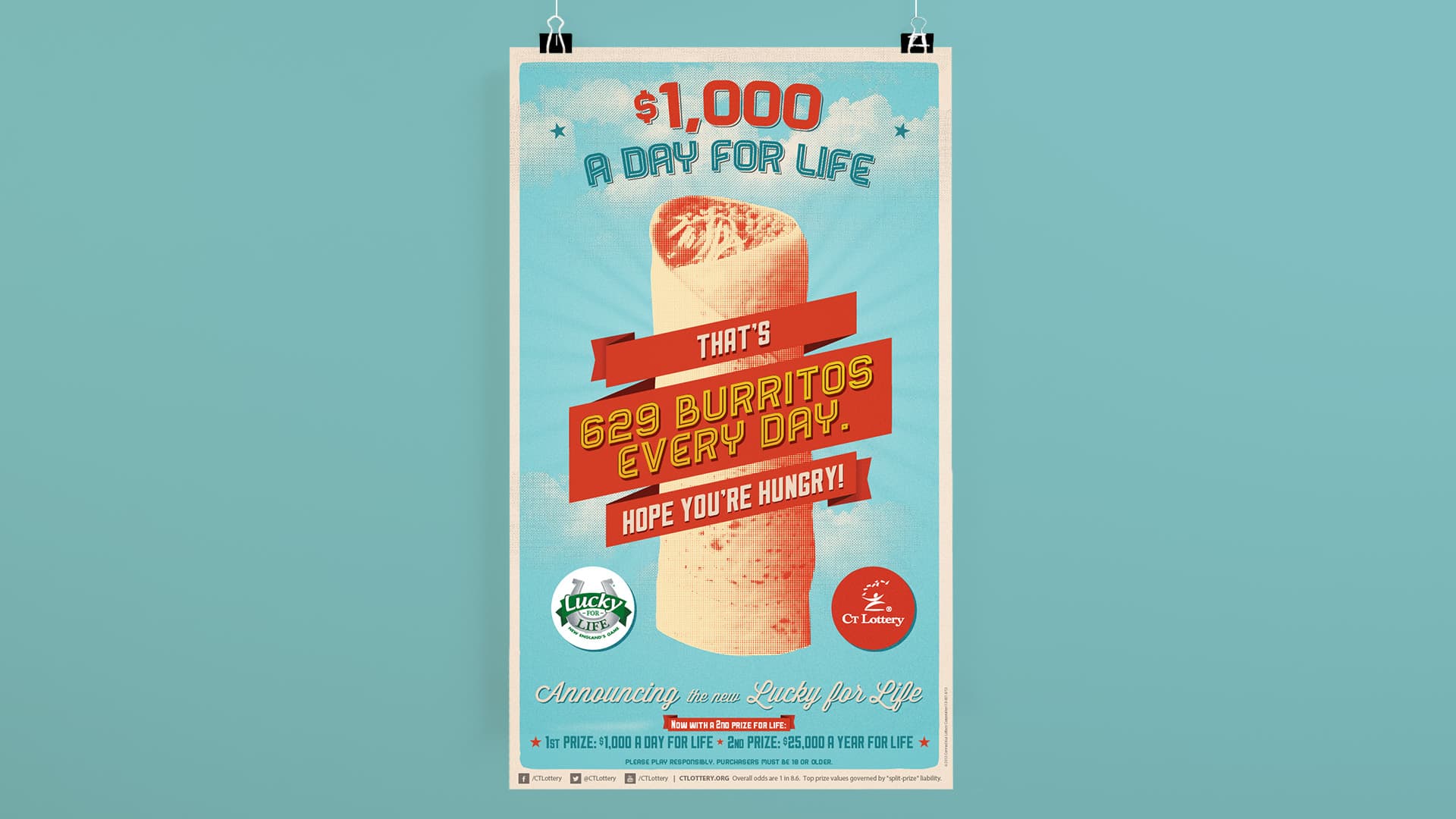A poster showing a burrito advertising Win for Life Connecticut Lottery
