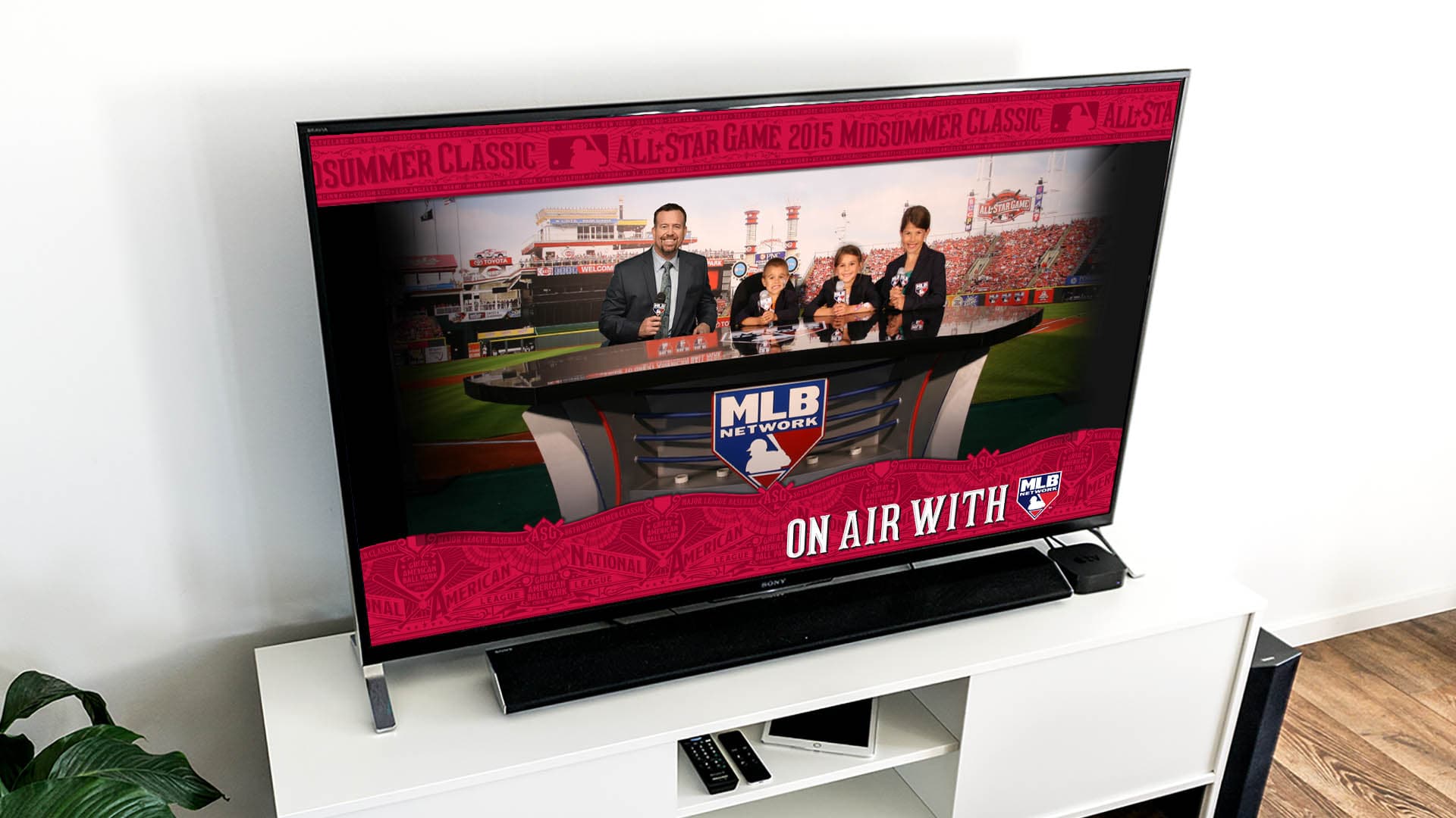 A photo mockup of guests and the booth on a TV