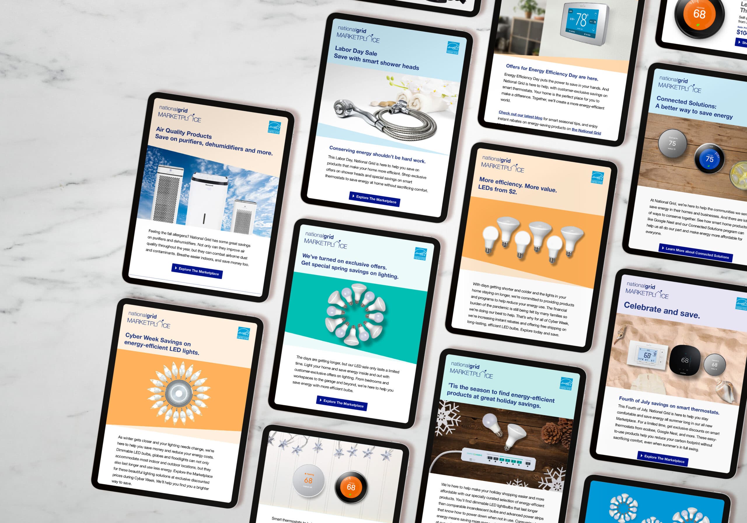 A collection of product emails on various smart phones and devices