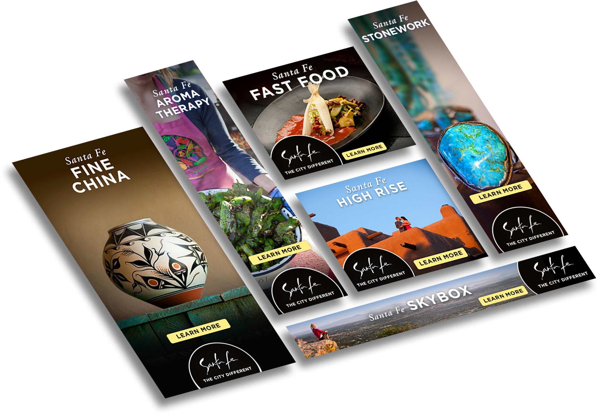 A series of digital ad placements featuring stunning shots of Santa Fe.