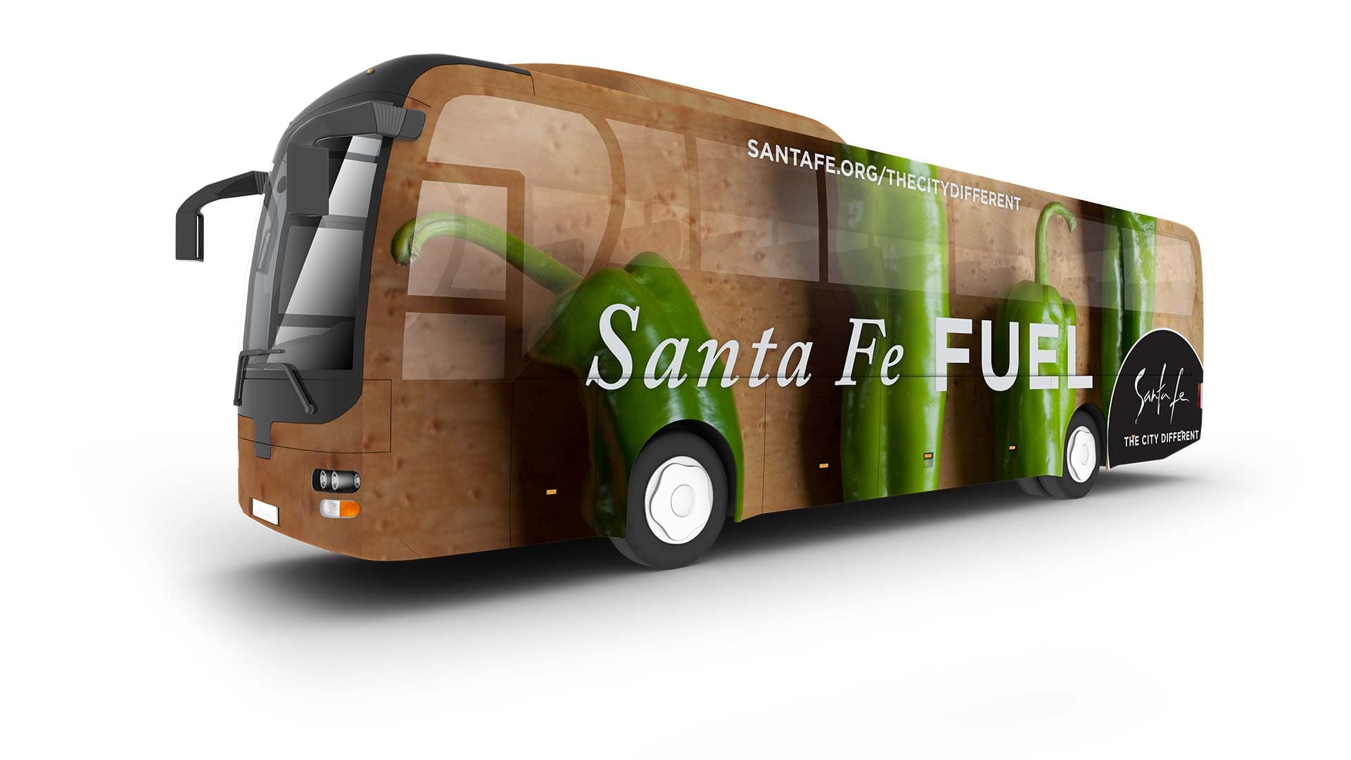 A Santa Fe bus wrap showcasing peppers.