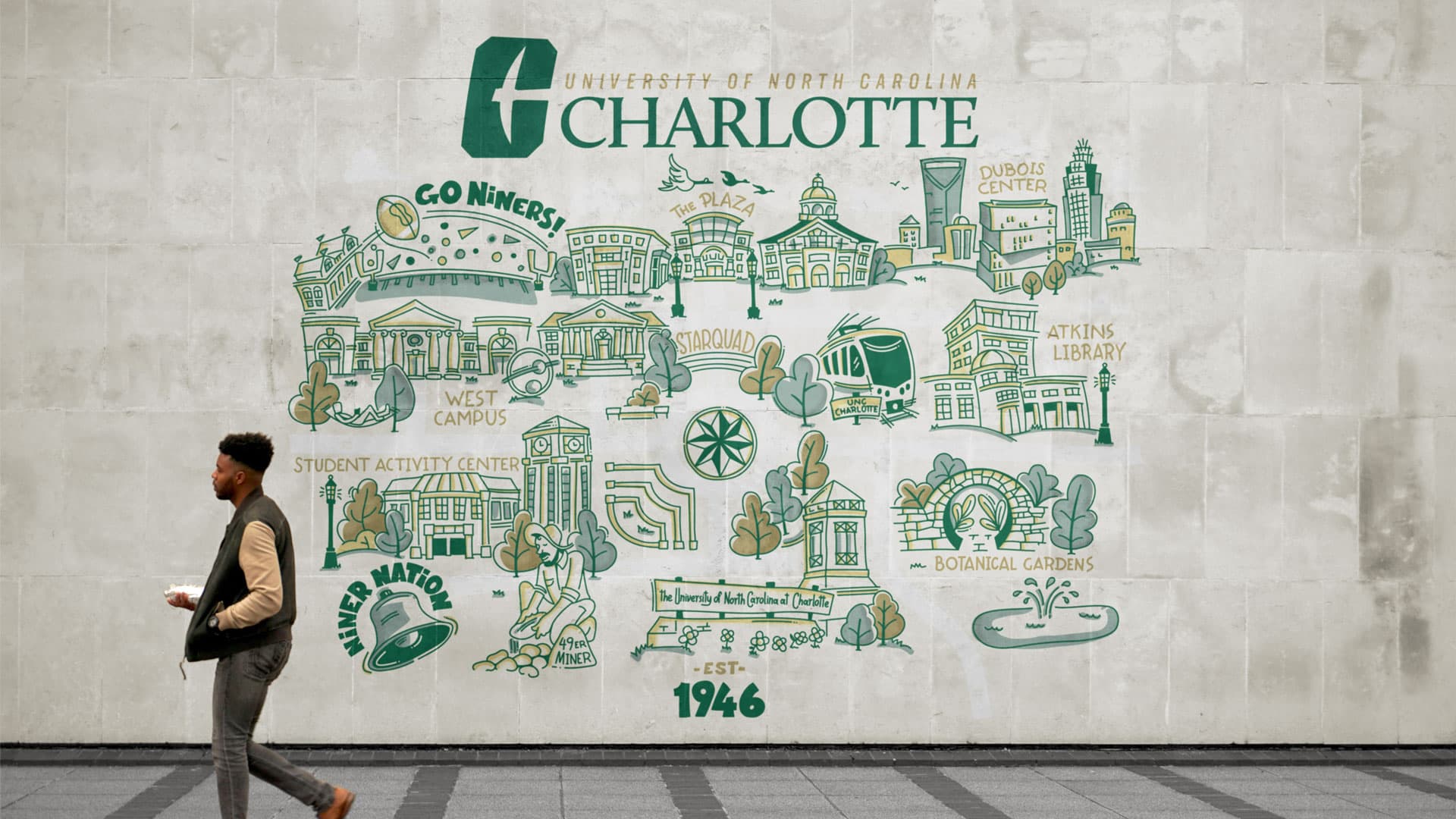 A scale mockup of the UNC Charlotte mural