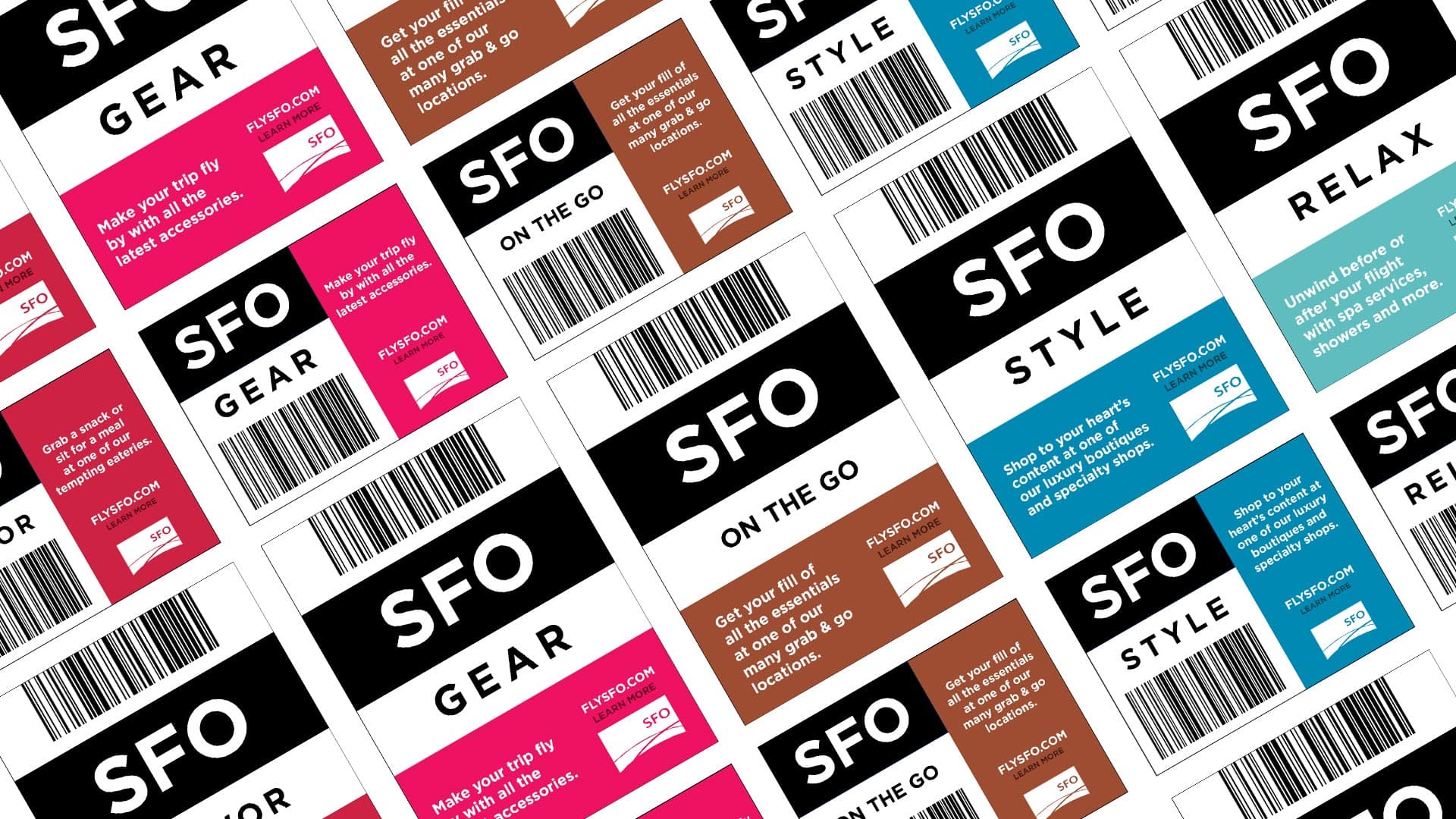 A pattern created with checked bag tags. Information is displayed in each tag.