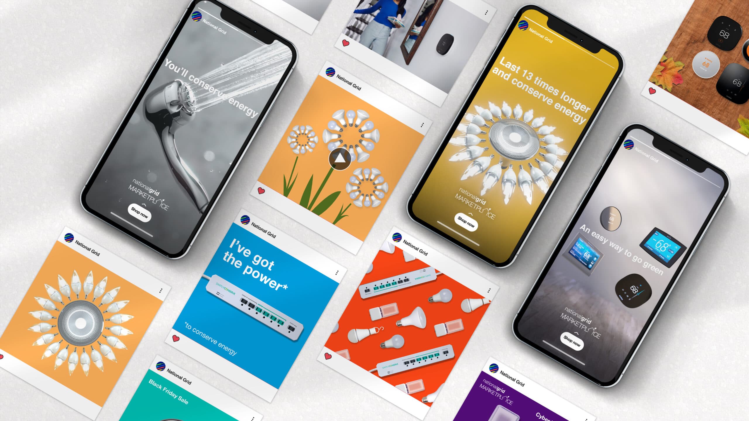 A collection of smartphones displaying National Grid social media designs