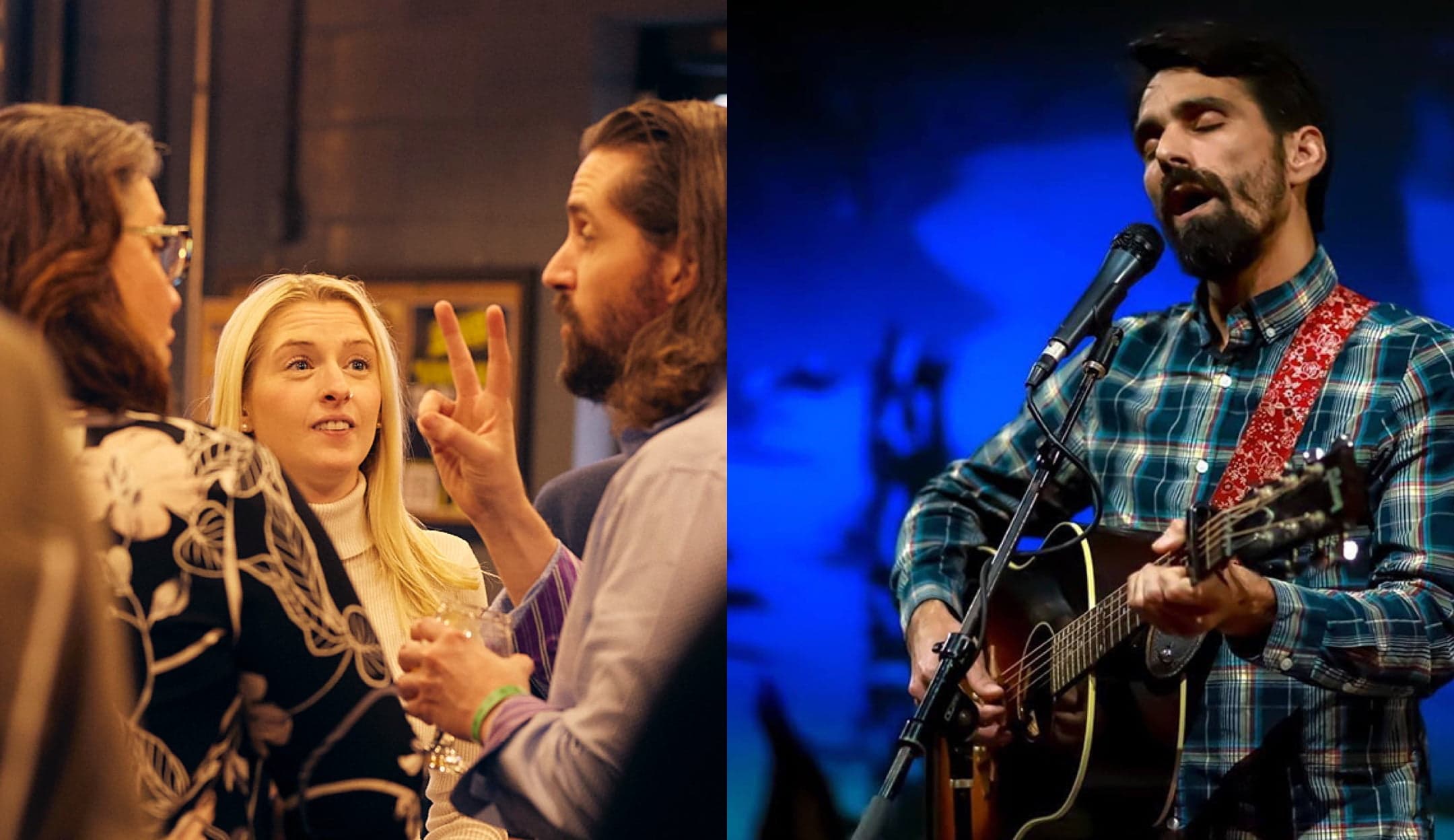 The team chats at an outing and Evan plays the guitar