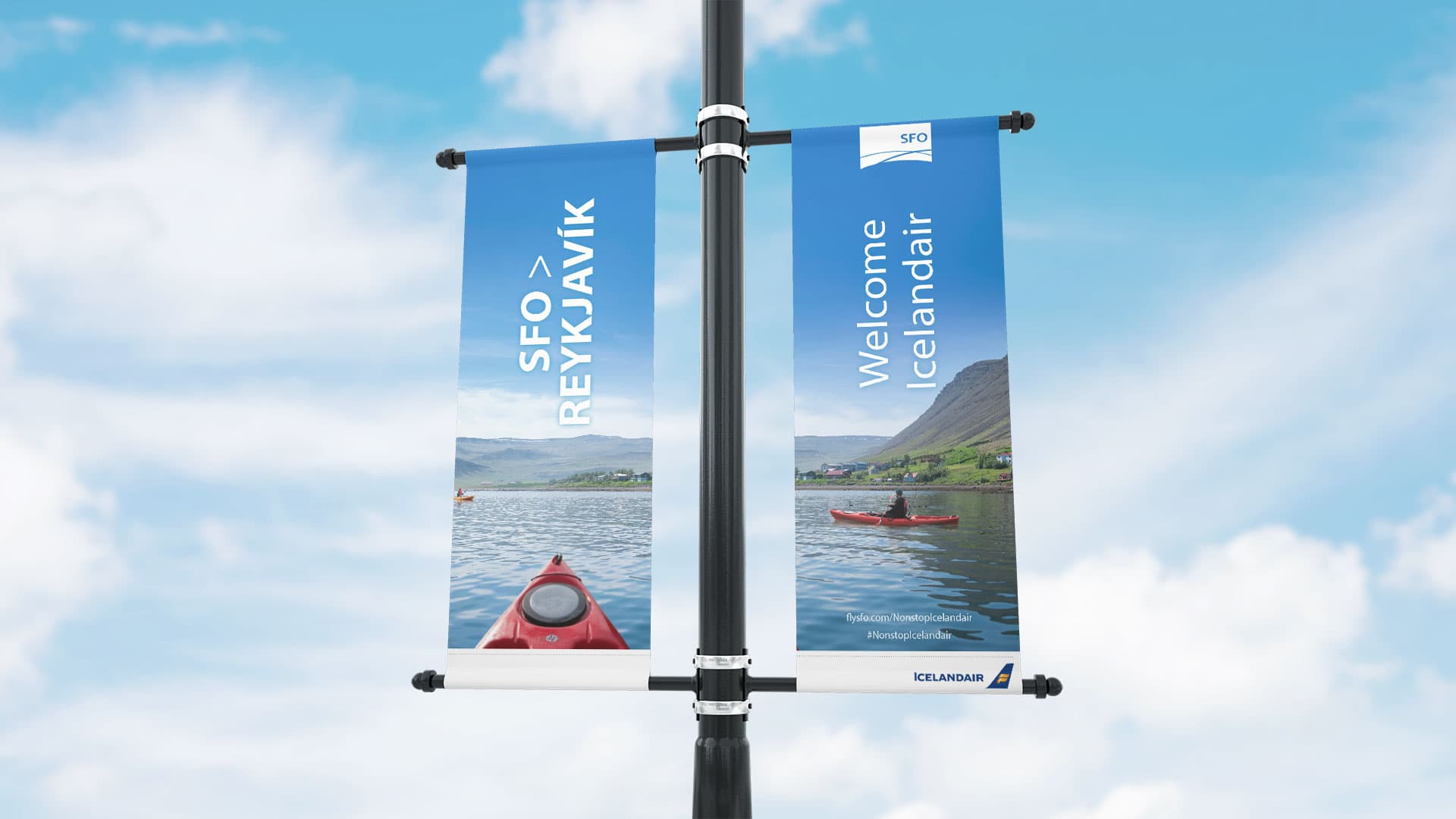 Two side-by-side out-of-home banners, both featuring a red kayak.